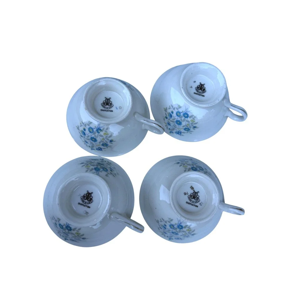 Castleton China Devon Blue Hill Footed Teacups Set of 4 Floral Gold Trim vintage